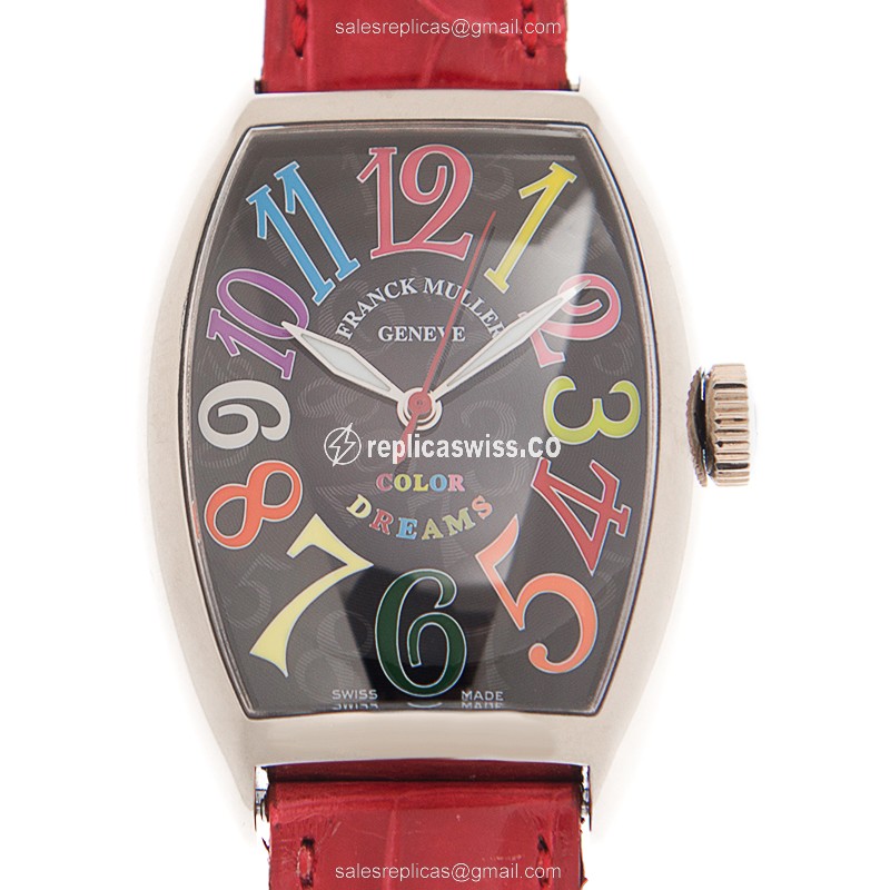 Franck Muller 5850 SC COL DRM Cintree Curvex - Auto 18kt White Gold - Black Dial - Red Alligator Buckle